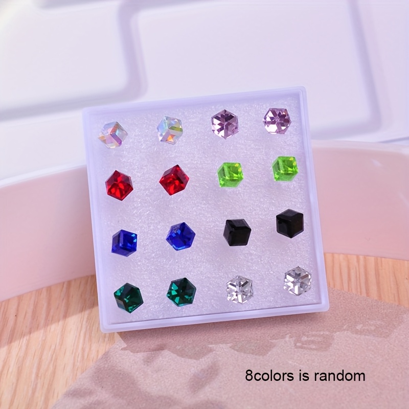16pcs Crystal Stud Earrings Set, Plastic Post, Sensitive Ears